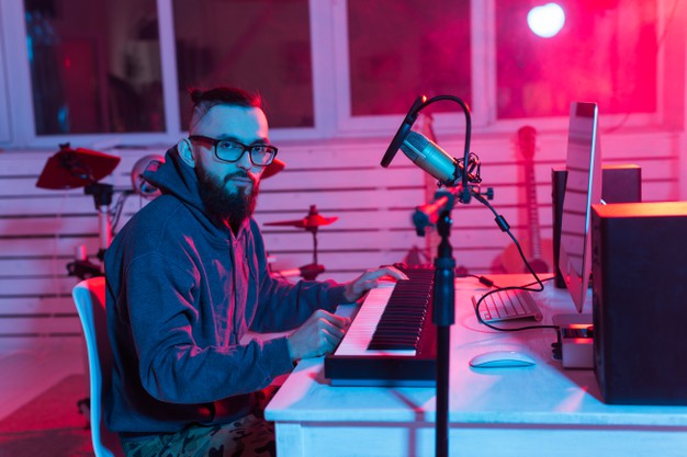 Radio host working in a studio